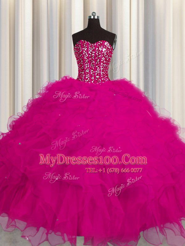 Adorable Visible Boning Floor Length Ball Gowns Sleeveless Fuchsia Sweet 16 Quinceanera Dress Lace Up