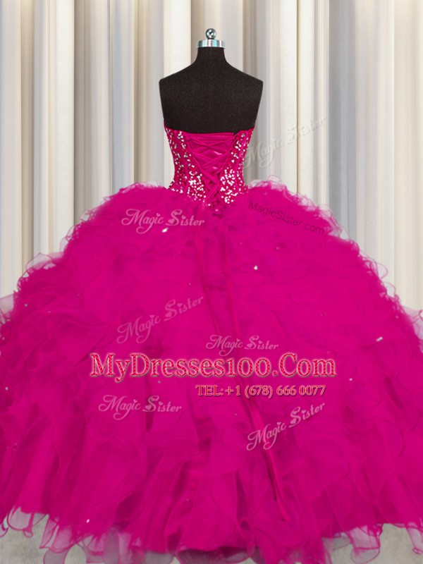Adorable Visible Boning Floor Length Ball Gowns Sleeveless Fuchsia Sweet 16 Quinceanera Dress Lace Up
