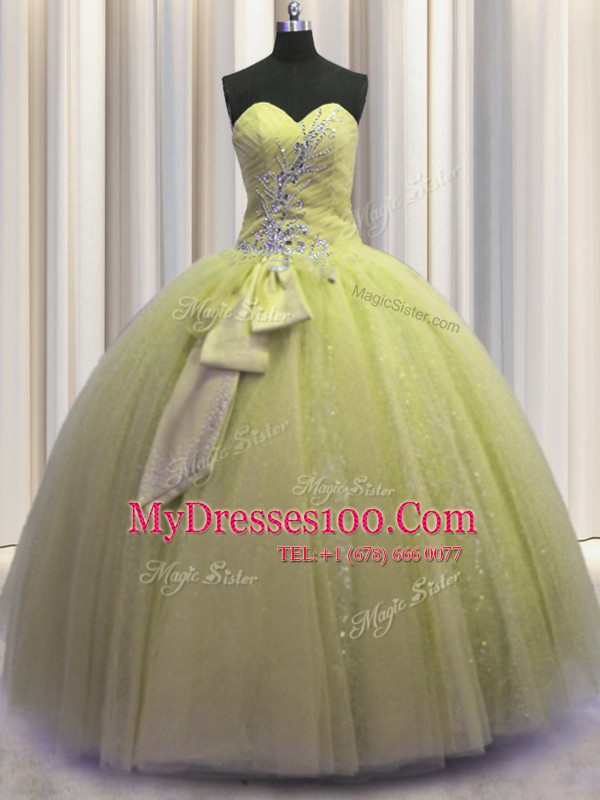 Light Yellow Ball Gowns Beading and Sequins and Bowknot Vestidos de Quinceanera Lace Up Tulle Sleeveless Floor Length