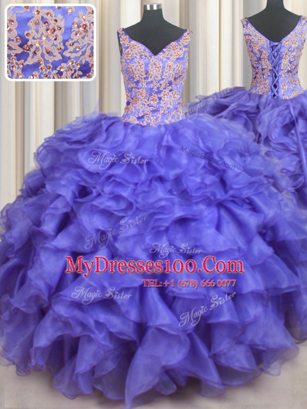 Glorious V Neck Floor Length Blue Quinceanera Dresses Organza Sleeveless Appliques and Ruffles