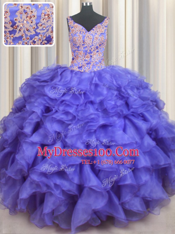 Glorious V Neck Floor Length Blue Quinceanera Dresses Organza Sleeveless Appliques and Ruffles