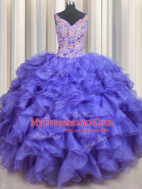 Glorious V Neck Floor Length Blue Quinceanera Dresses Organza Sleeveless Appliques and Ruffles