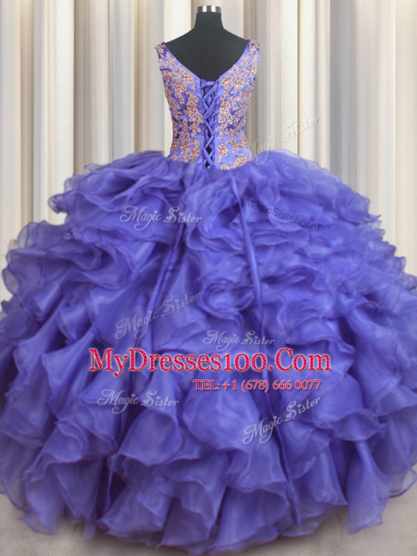 Glorious V Neck Floor Length Blue Quinceanera Dresses Organza Sleeveless Appliques and Ruffles