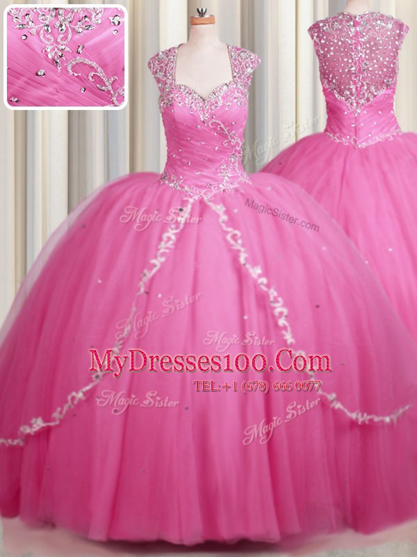 Zipper Up Cap Sleeves Brush Train Zipper With Train Beading and Appliques Quinceanera Gown