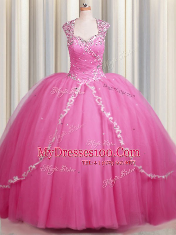 Zipper Up Cap Sleeves Brush Train Zipper With Train Beading and Appliques Quinceanera Gown
