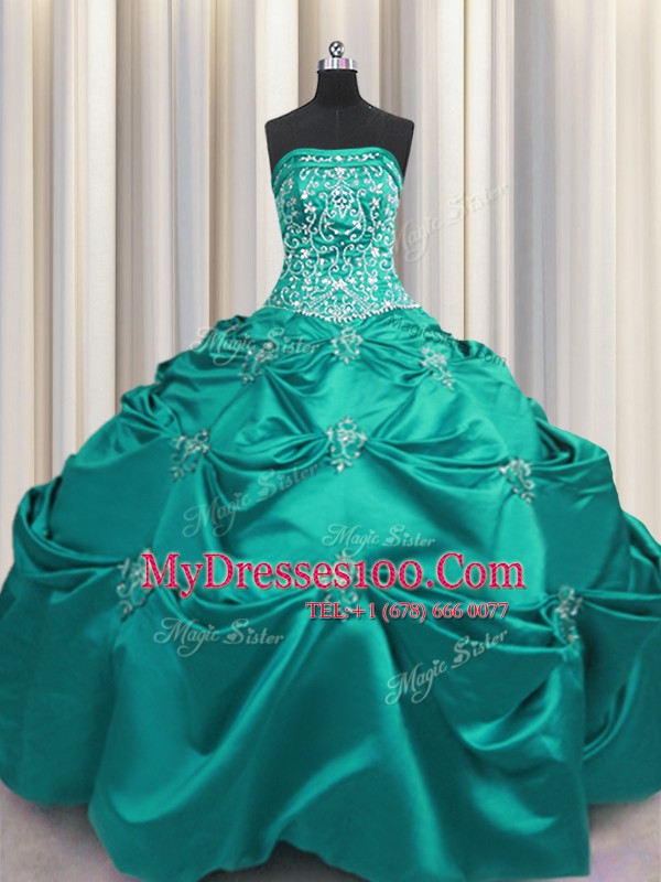 Dark Green Sleeveless Beading and Appliques and Embroidery Floor Length Sweet 16 Dresses