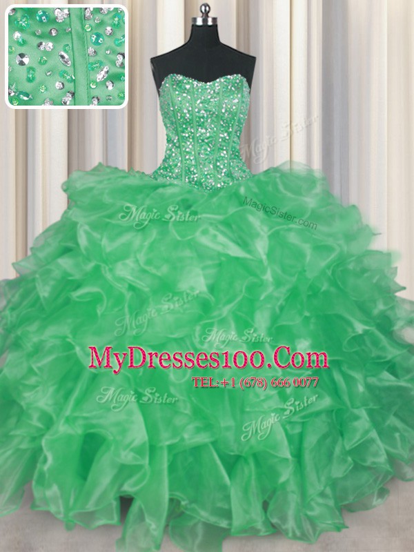 Visible Boning Sleeveless Lace Up Floor Length Beading and Ruffles Quinceanera Gowns