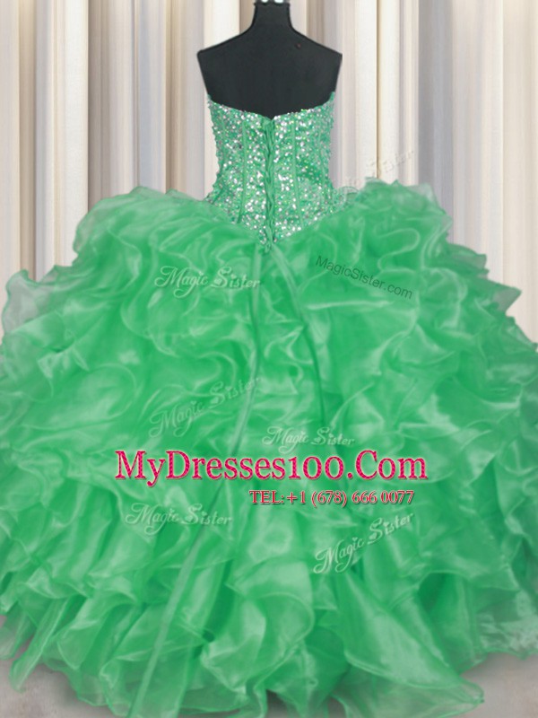 Visible Boning Sleeveless Lace Up Floor Length Beading and Ruffles Quinceanera Gowns