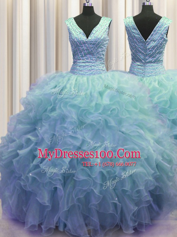 Zipper Up Baby Blue V-neck Neckline Ruffles Quinceanera Dresses Sleeveless Zipper