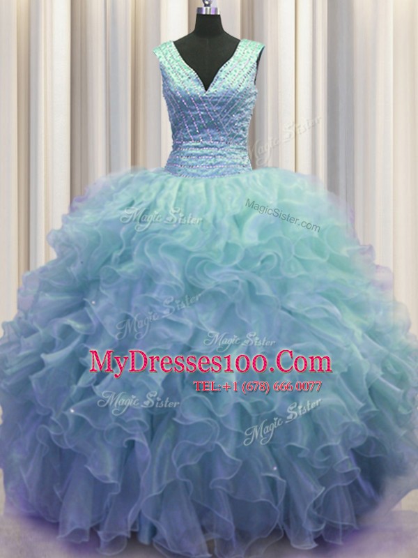 Zipper Up Baby Blue V-neck Neckline Ruffles Quinceanera Dresses Sleeveless Zipper