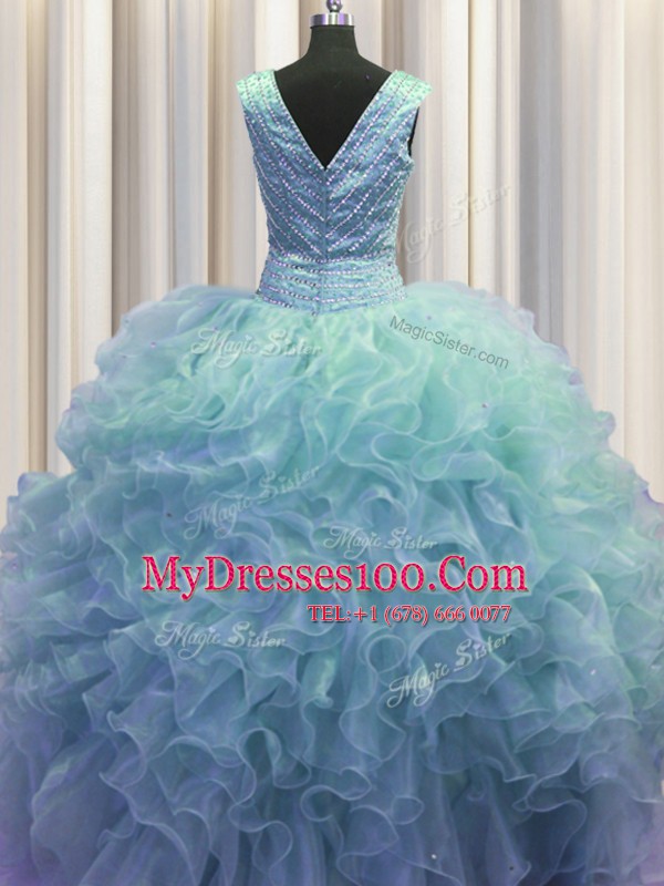 Zipper Up Baby Blue V-neck Neckline Ruffles Quinceanera Dresses Sleeveless Zipper