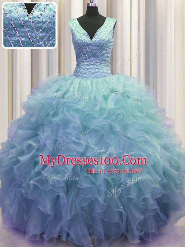 Zipper Up Baby Blue V-neck Neckline Ruffles Quinceanera Dresses Sleeveless Zipper