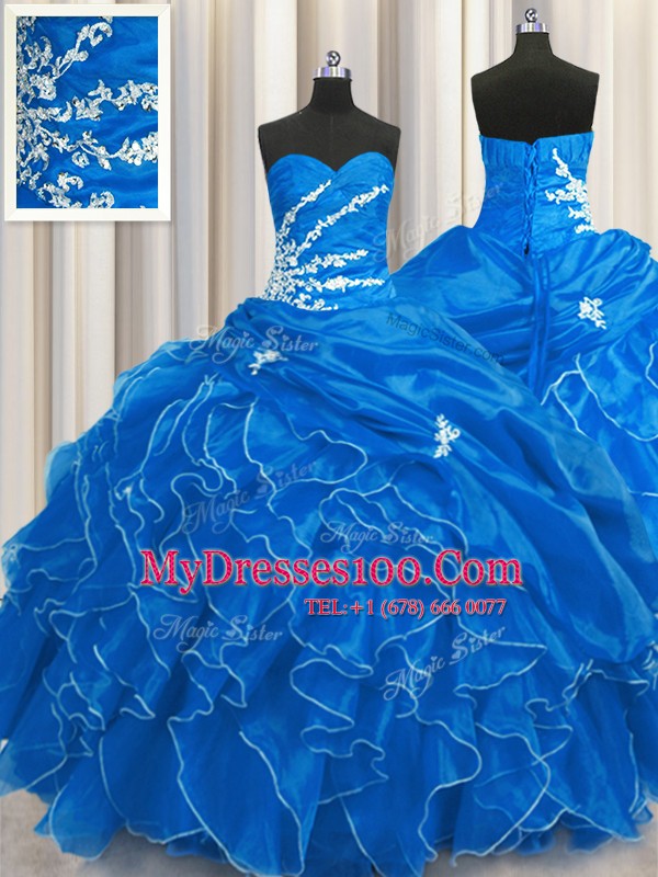 Custom Made Sweetheart Sleeveless Organza 15 Quinceanera Dress Beading and Appliques and Ruffles Lace Up