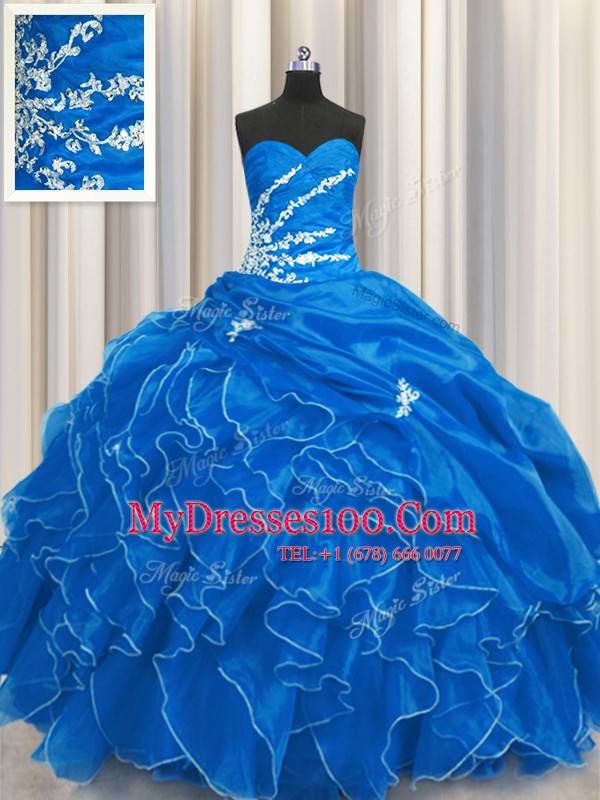 Custom Made Sweetheart Sleeveless Organza 15 Quinceanera Dress Beading and Appliques and Ruffles Lace Up