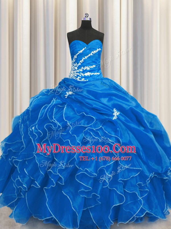 Custom Made Sweetheart Sleeveless Organza 15 Quinceanera Dress Beading and Appliques and Ruffles Lace Up