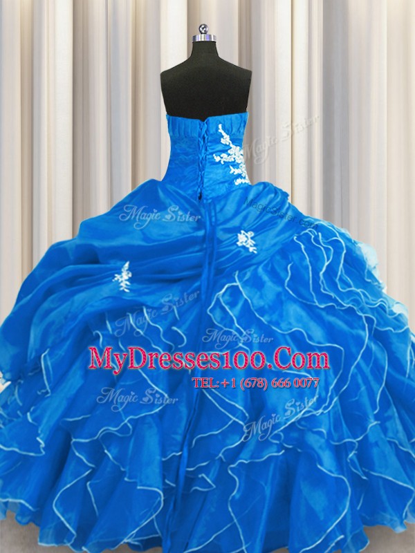 Custom Made Sweetheart Sleeveless Organza 15 Quinceanera Dress Beading and Appliques and Ruffles Lace Up