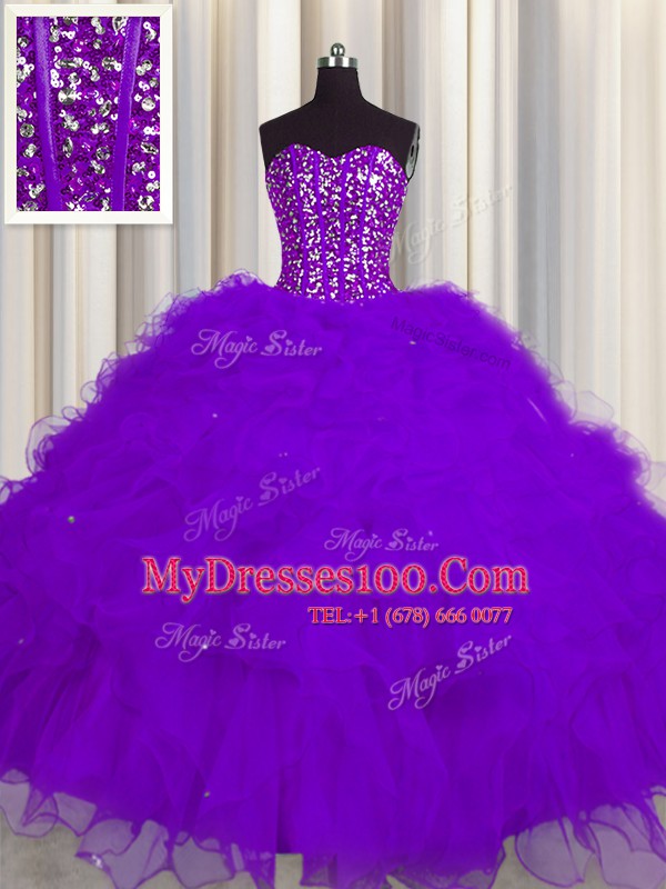 Fitting Visible Boning Purple Lace Up Sweetheart Beading and Ruffles and Sequins Sweet 16 Dress Tulle Sleeveless