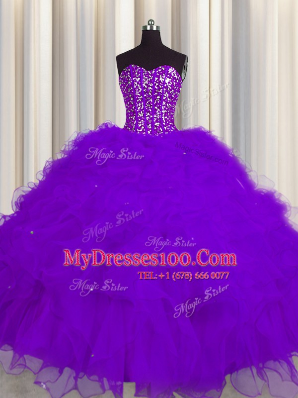 Fitting Visible Boning Purple Lace Up Sweetheart Beading and Ruffles and Sequins Sweet 16 Dress Tulle Sleeveless
