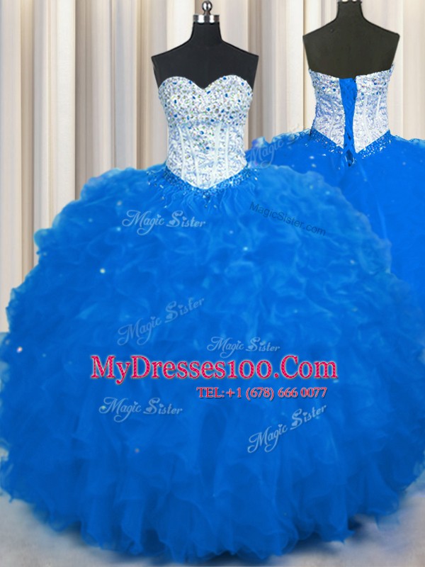 Beading and Ruffles Quinceanera Gowns Royal Blue Lace Up Sleeveless Floor Length