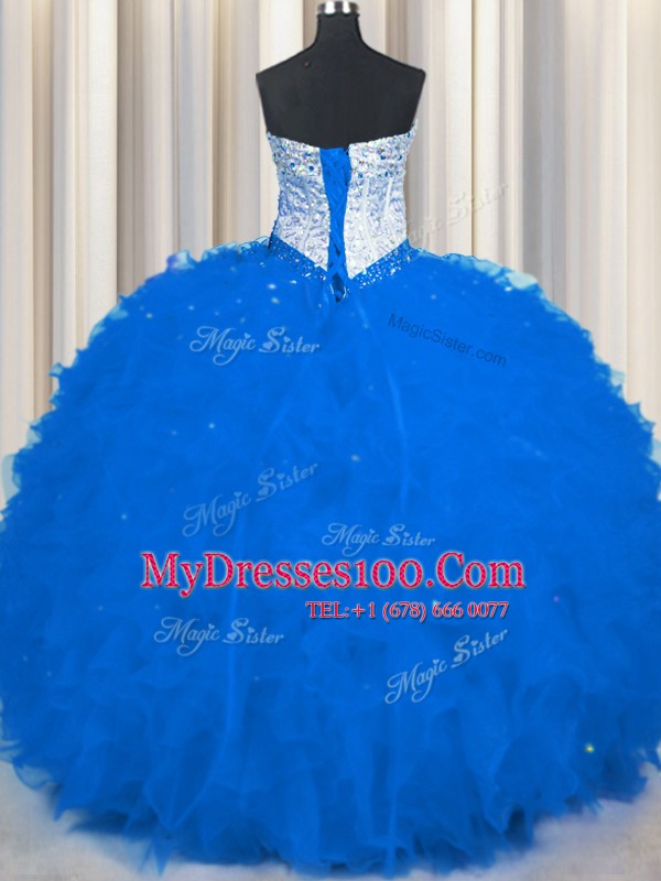 Beading and Ruffles Quinceanera Gowns Royal Blue Lace Up Sleeveless Floor Length
