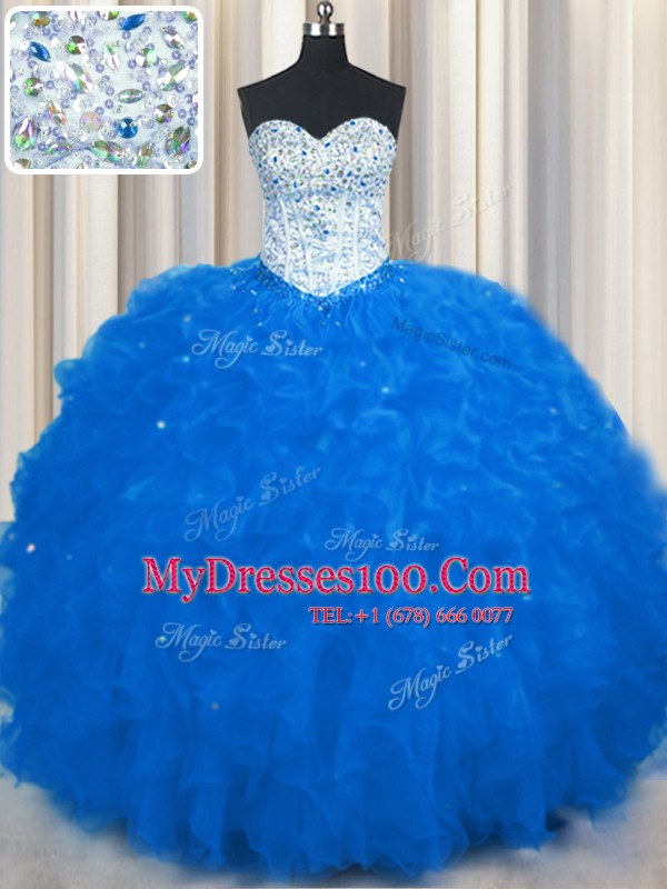Beading and Ruffles Quinceanera Gowns Royal Blue Lace Up Sleeveless Floor Length