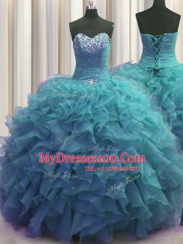 Beaded Bust Teal Organza Lace Up 15th Birthday Dress Sleeveless Floor Length Beading and Ruffles