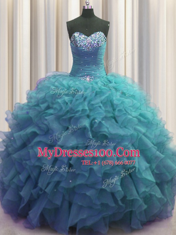Beaded Bust Teal Organza Lace Up 15th Birthday Dress Sleeveless Floor Length Beading and Ruffles