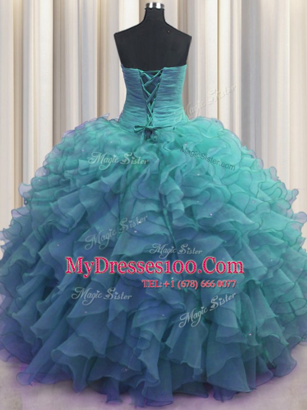 Beaded Bust Teal Organza Lace Up 15th Birthday Dress Sleeveless Floor Length Beading and Ruffles