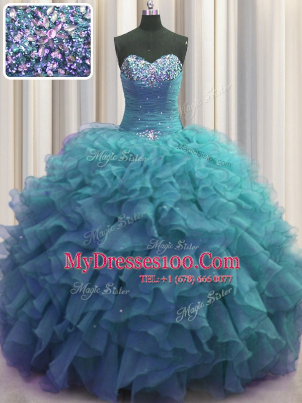 Beaded Bust Teal Organza Lace Up 15th Birthday Dress Sleeveless Floor Length Beading and Ruffles