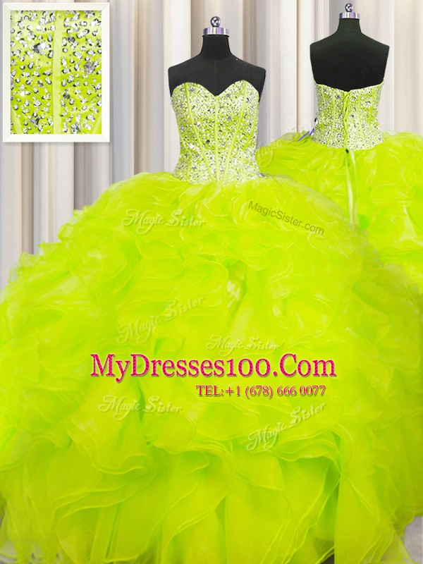 Visible Boning Beaded Bodice Yellow Sweetheart Neckline Beading and Ruffles Sweet 16 Dresses Sleeveless Lace Up
