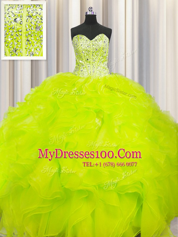 Visible Boning Beaded Bodice Yellow Sweetheart Neckline Beading and Ruffles Sweet 16 Dresses Sleeveless Lace Up
