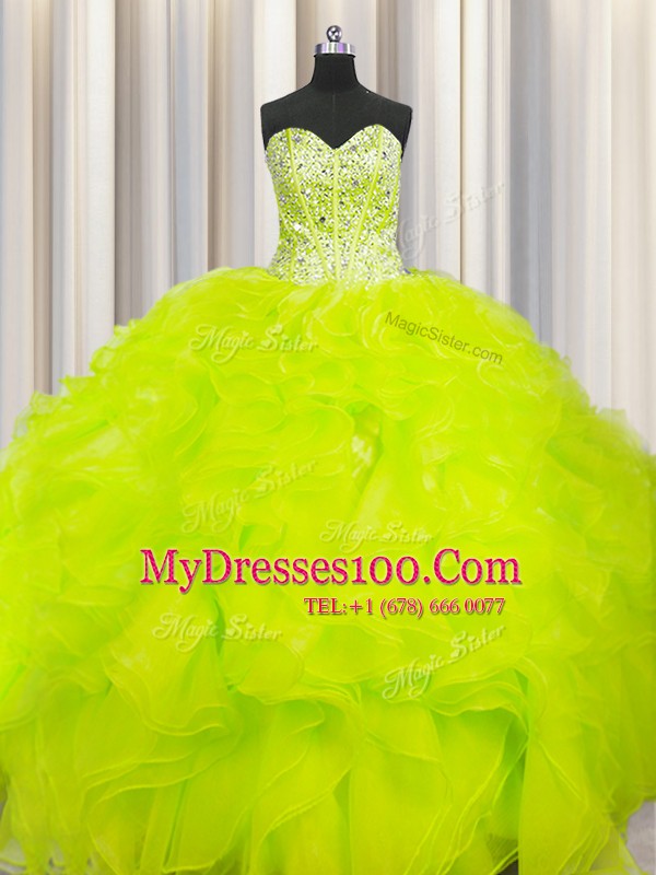 Visible Boning Beaded Bodice Yellow Sweetheart Neckline Beading and Ruffles Sweet 16 Dresses Sleeveless Lace Up