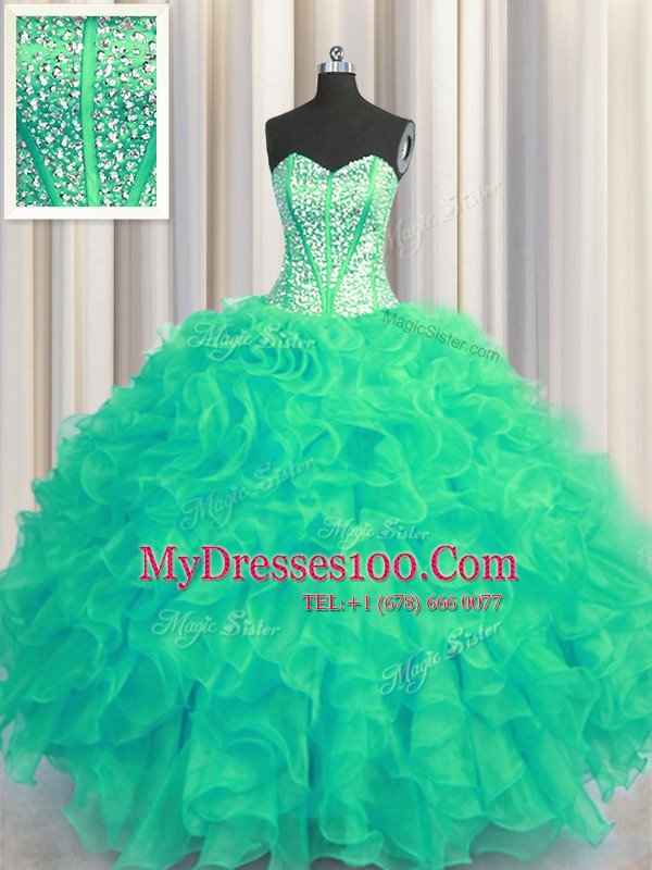 Extravagant Visible Boning Beaded Bodice Turquoise Ball Gowns Sweetheart Sleeveless Organza Floor Length Lace Up Beading and Ruffles Quinceanera Gown