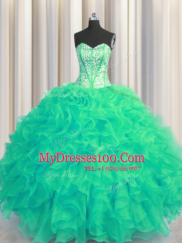 Extravagant Visible Boning Beaded Bodice Turquoise Ball Gowns Sweetheart Sleeveless Organza Floor Length Lace Up Beading and Ruffles Quinceanera Gown