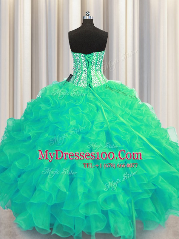 Extravagant Visible Boning Beaded Bodice Turquoise Ball Gowns Sweetheart Sleeveless Organza Floor Length Lace Up Beading and Ruffles Quinceanera Gown