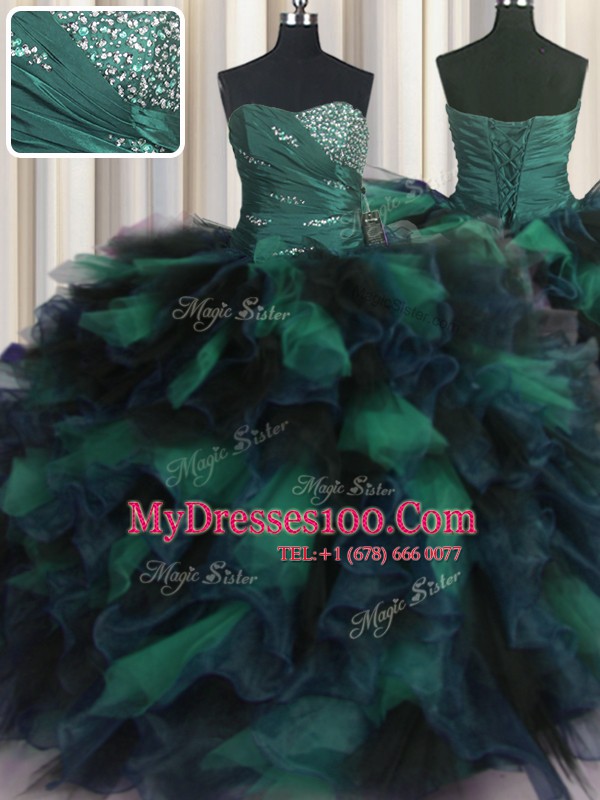 Sleeveless Floor Length Beading and Ruffles Lace Up Sweet 16 Dress with Multi-color