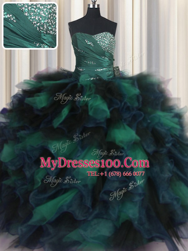 Sleeveless Floor Length Beading and Ruffles Lace Up Sweet 16 Dress with Multi-color