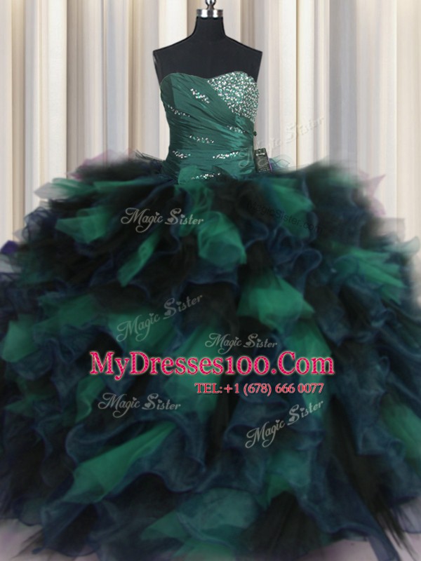 Sleeveless Floor Length Beading and Ruffles Lace Up Sweet 16 Dress with Multi-color