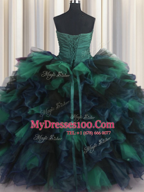 Sleeveless Floor Length Beading and Ruffles Lace Up Sweet 16 Dress with Multi-color