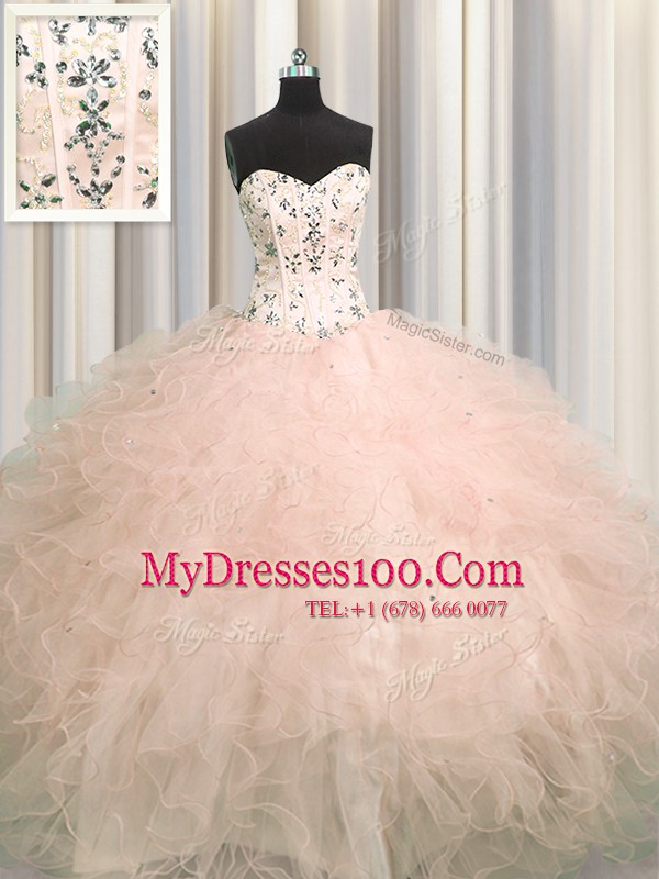 Visible Boning Floor Length Ball Gowns Sleeveless Pink Sweet 16 Dress Lace Up