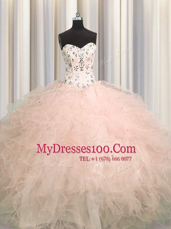 Visible Boning Floor Length Ball Gowns Sleeveless Pink Sweet 16 Dress Lace Up