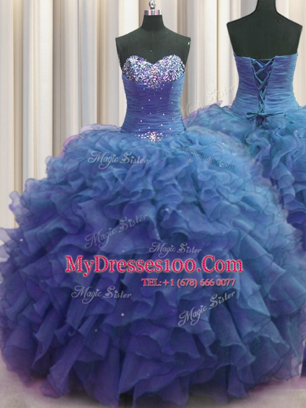 Beaded Bust Sleeveless Lace Up Floor Length Beading and Ruffles Quince Ball Gowns