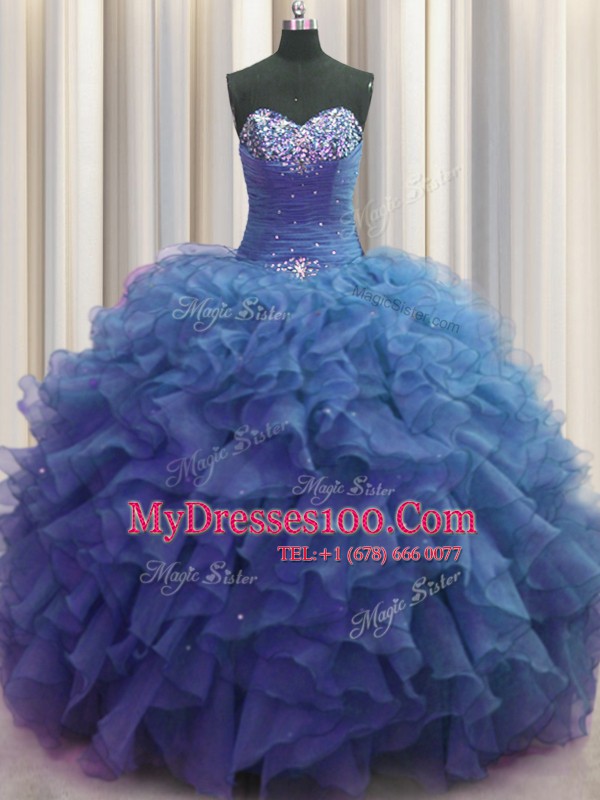 Beaded Bust Sleeveless Lace Up Floor Length Beading and Ruffles Quince Ball Gowns