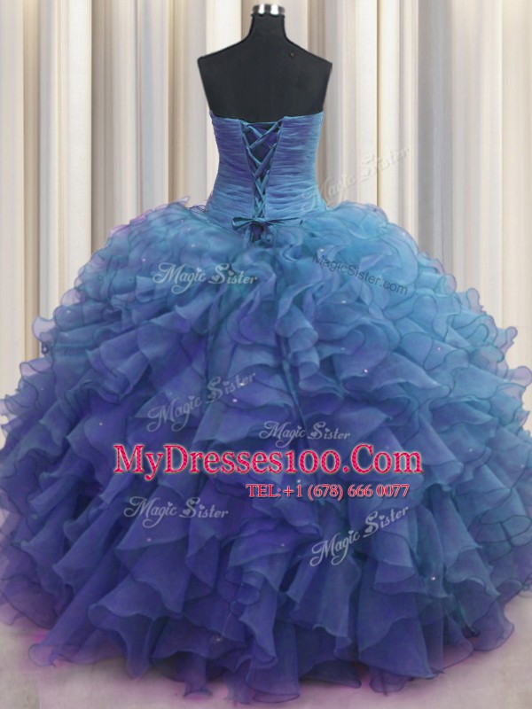 Beaded Bust Sleeveless Lace Up Floor Length Beading and Ruffles Quince Ball Gowns