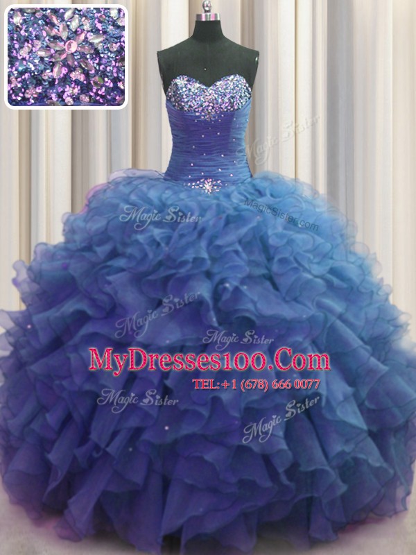 Beaded Bust Sleeveless Lace Up Floor Length Beading and Ruffles Quince Ball Gowns