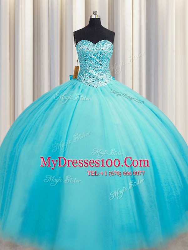 Excellent Puffy Skirt Baby Blue Ball Gowns Tulle Sweetheart Sleeveless Beading Floor Length Lace Up 15 Quinceanera Dress