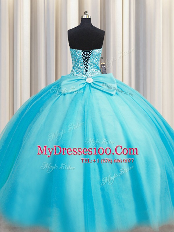 Excellent Puffy Skirt Baby Blue Ball Gowns Tulle Sweetheart Sleeveless Beading Floor Length Lace Up 15 Quinceanera Dress