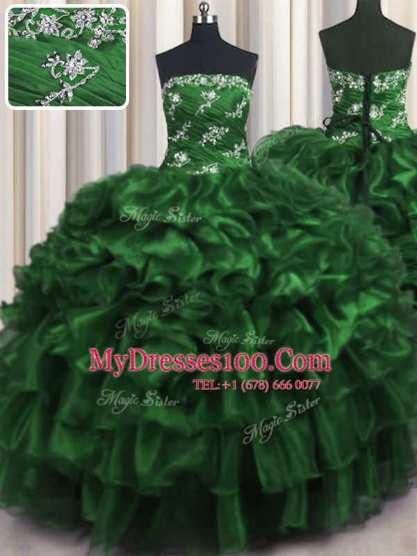 Ruffled Layers Dark Green Sleeveless Organza Lace Up 15 Quinceanera Dress
