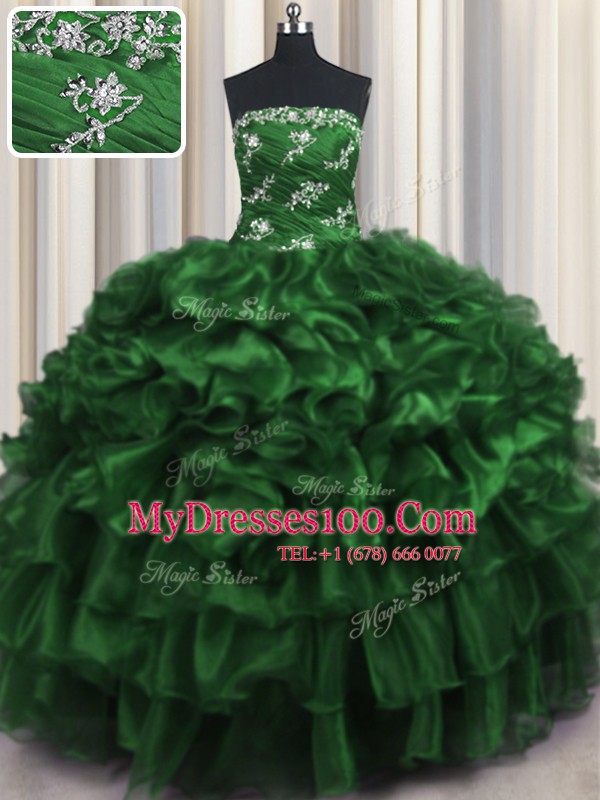 Ruffled Layers Dark Green Sleeveless Organza Lace Up 15 Quinceanera Dress