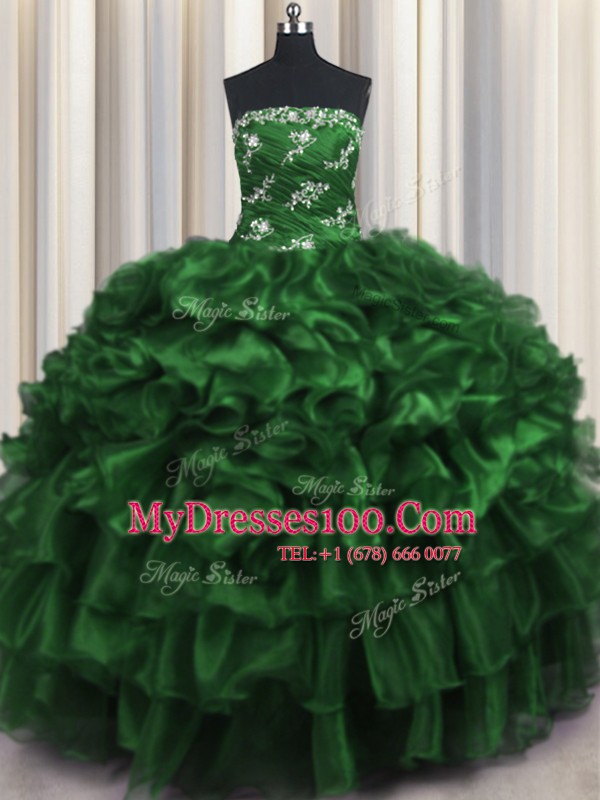 Ruffled Layers Dark Green Sleeveless Organza Lace Up 15 Quinceanera Dress